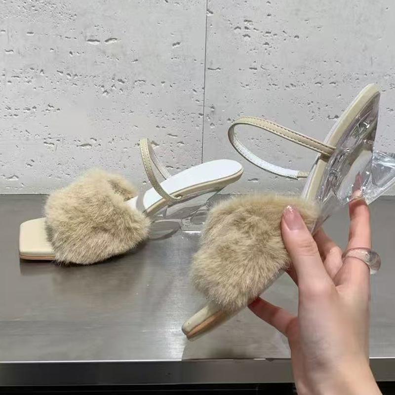 Fur Women Slippers Mid Heels Designer Shoes Dress New Woman Sandals 2025 Summer Elegant Pumps Luxury Zapatillas De Mujer