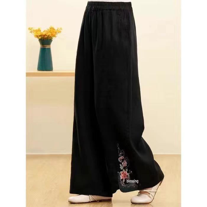 Southeast Asia Retro Embroidered Wide-Leg Cotton Linen Pants for Women - White & Black L