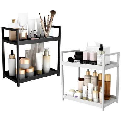 2 Tier Under Sink Organizer Sliding Cabinet Basket Organizer Storage Rack with Hooks Hanging Cup Bathroom Kitchen Organizer