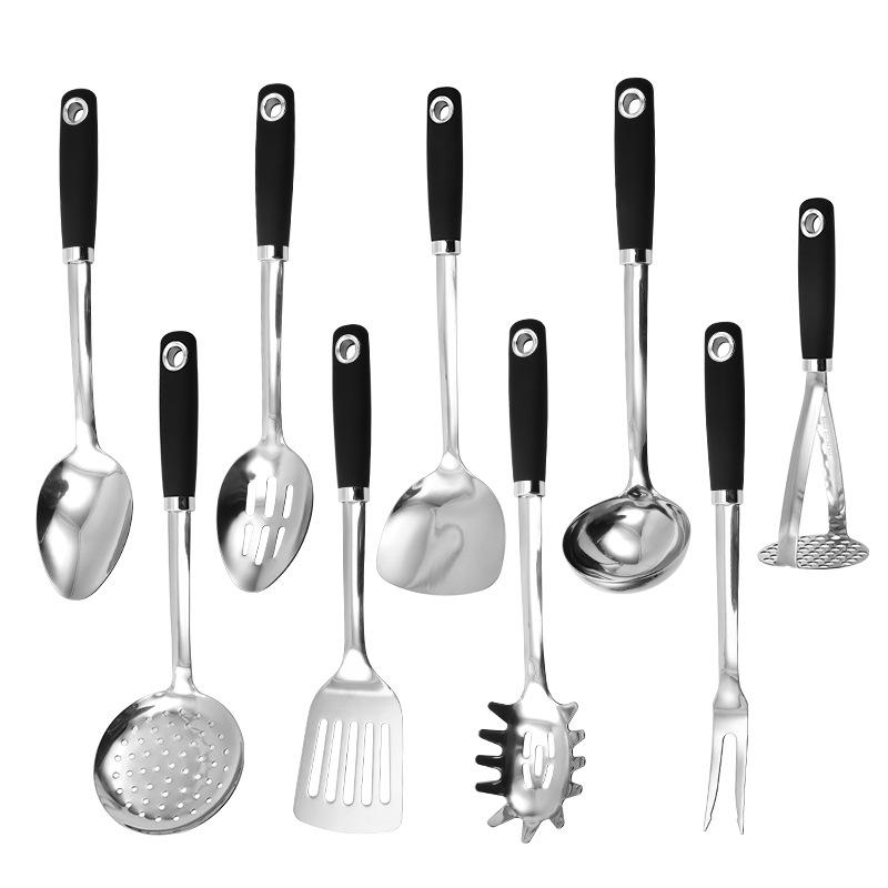 Sada kuchyňského náčiní z nerezové oceli: Stěrka, Lžíce, Lopatka a Mačkadlo na brambory