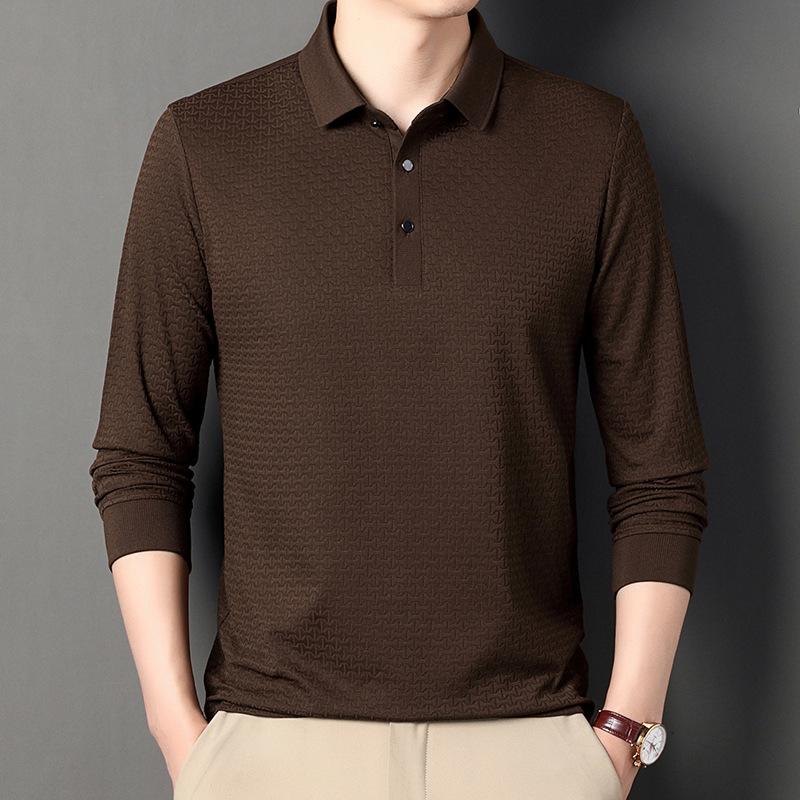 Dress Men'S Business Commuting Casual Jacquard Solid Color Lapel Long-Sleeved T-Shirt Straight Polo Shirt