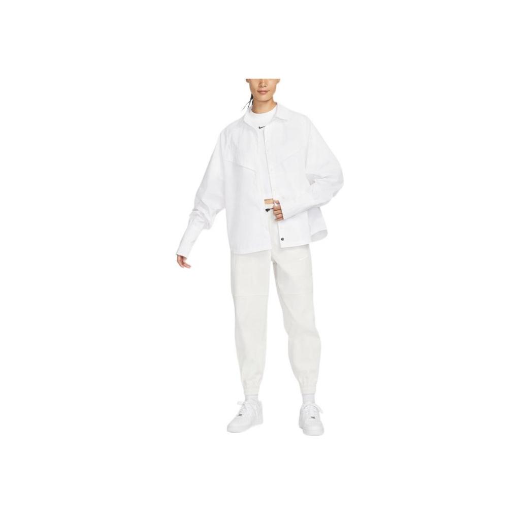 Nike Solid Logo Print Single-Breasted Breathable Windproof Sports Casual Polo Long Sleeve Shirt Women Shirts White DR5997-100