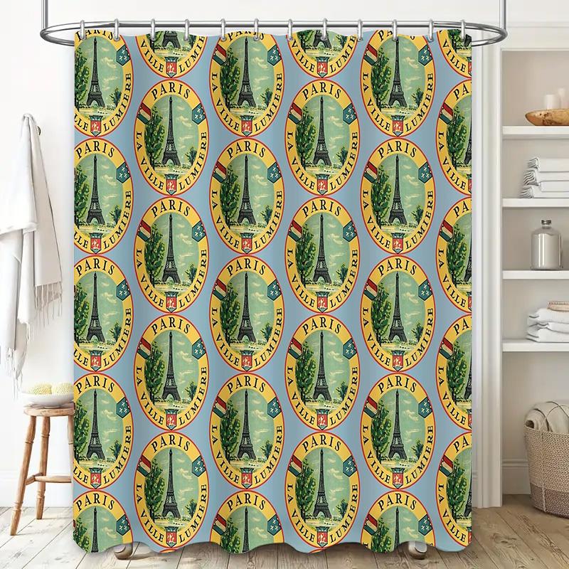 Floral Shower Curtain Vintage Paris Eiffel Tower Botanical Washable Fabric Bathroom Decor