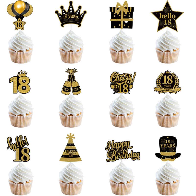 30th 40th 50th 60th Birthday Party Black Gold Cupcake Toppers 30 40 50 Years Old Birthday Party Cake Decoration Adult Party Gift