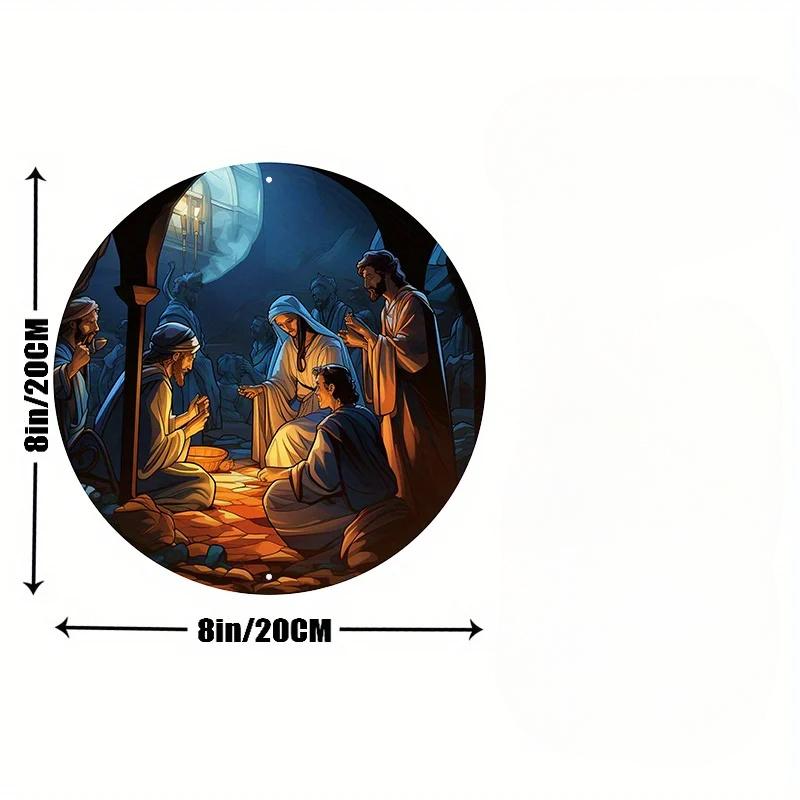 Wooden Festive Nativity Scene Sign, Circular Mark, Suitable for Living Room, Wall, Home Decoration, 8x8 Inch, 1Pc