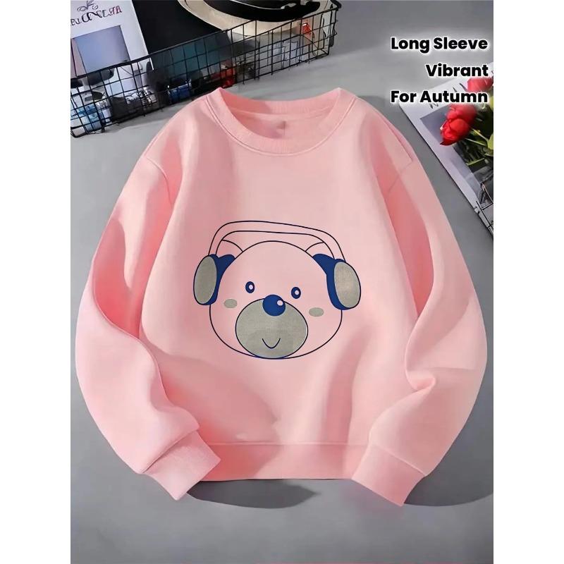 Girls' Crewneck Sweatshirt - Cute Bear Wearing Headphones Pattern Machine Washable, Spring And Autumn