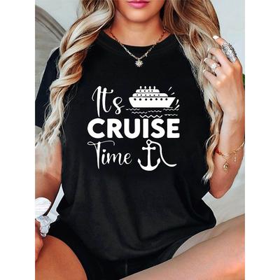 Plus Size, It's CRUISE Time Graphic Print Plus Size Women's T-shirt, Short Sleeve Crew Neck Casual Top for Summer & Spring, Women's Clothing