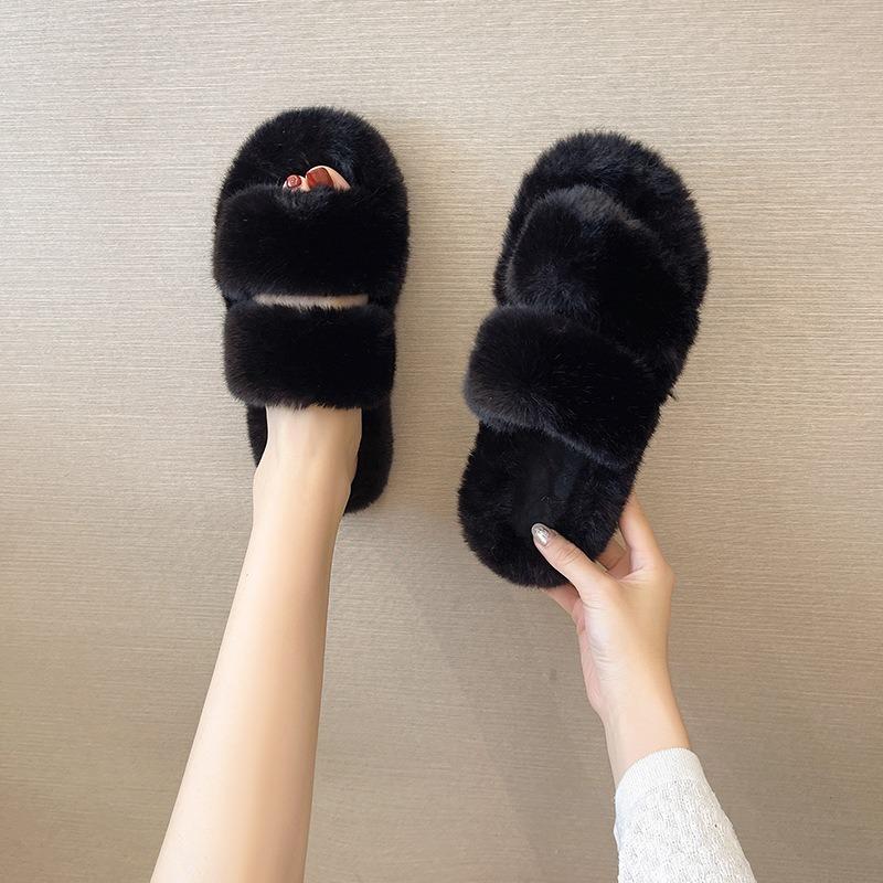 Mao Mao slippers women's outer wear size flat bottom indoor warm one-word drag women's plush flat bottom double slippers