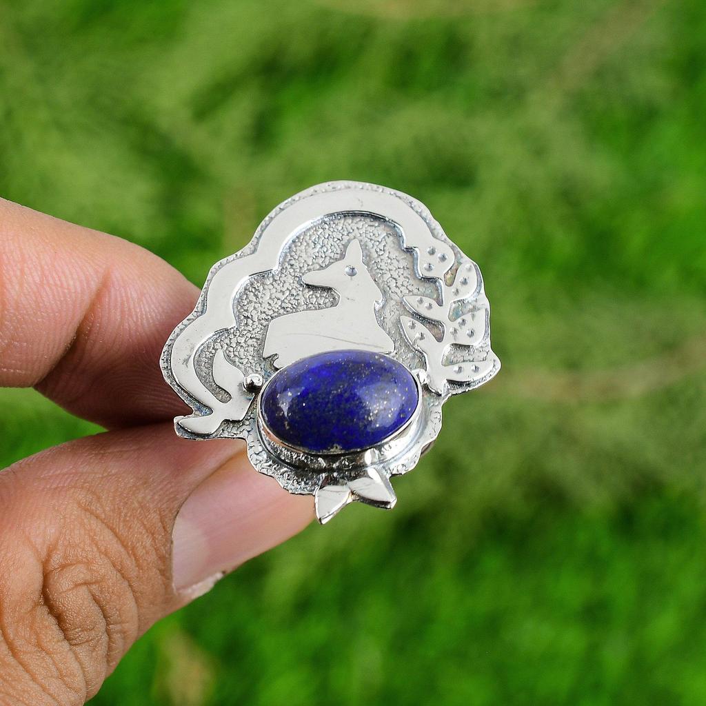 Oval Natural Lapis Lazuli Sister Multi Stone Handmade Ring Jewelry 925 Silver