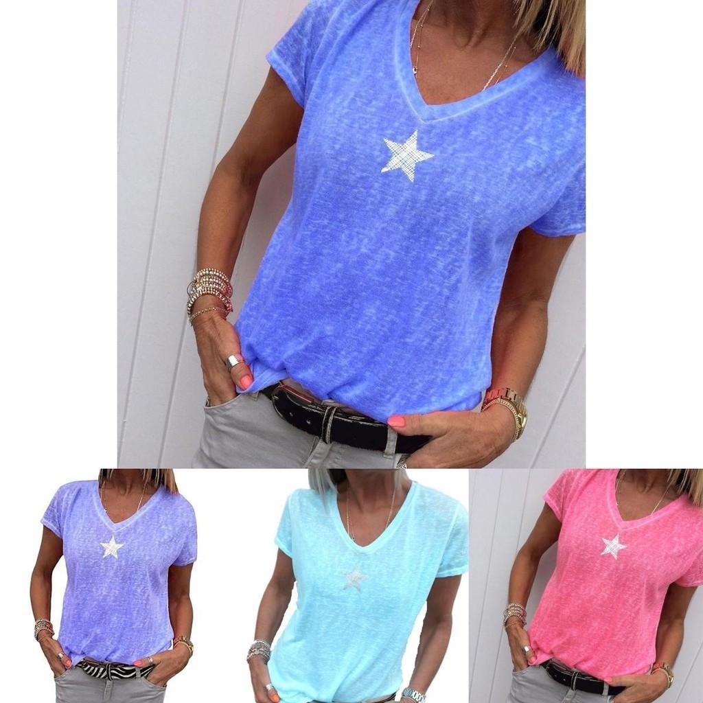 Stylish Women V-neck T-shirt Casual Loose Star Summer Shirts Solid Short Sleeve Perfect For Outdoor Activities
