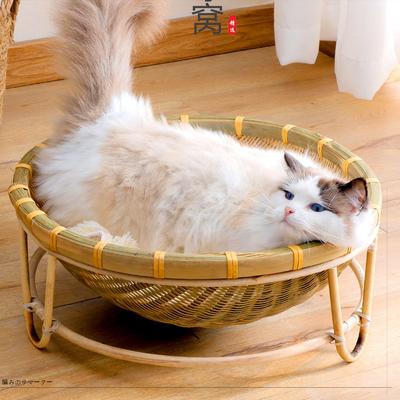 Bamboo Pet Bed Summer Cool Cat House Double Layer Rattan Villa for Small Dogs and Cats