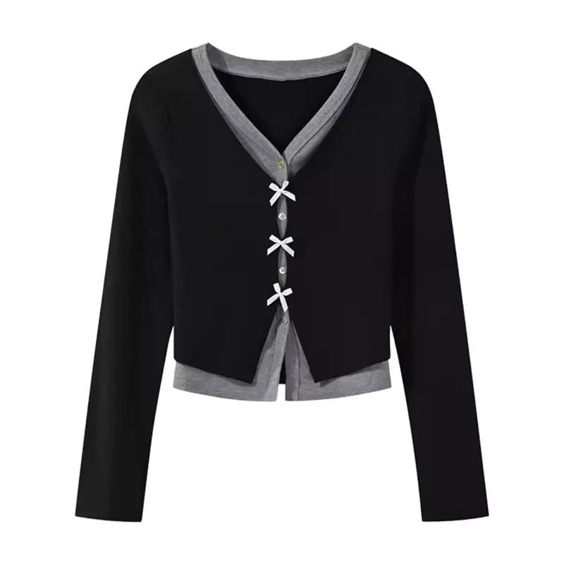 Autumn and winter slim-fit design short fake two-piece blouse, all-match fashion V-neck women's long-sleeved T-shirt 2647#