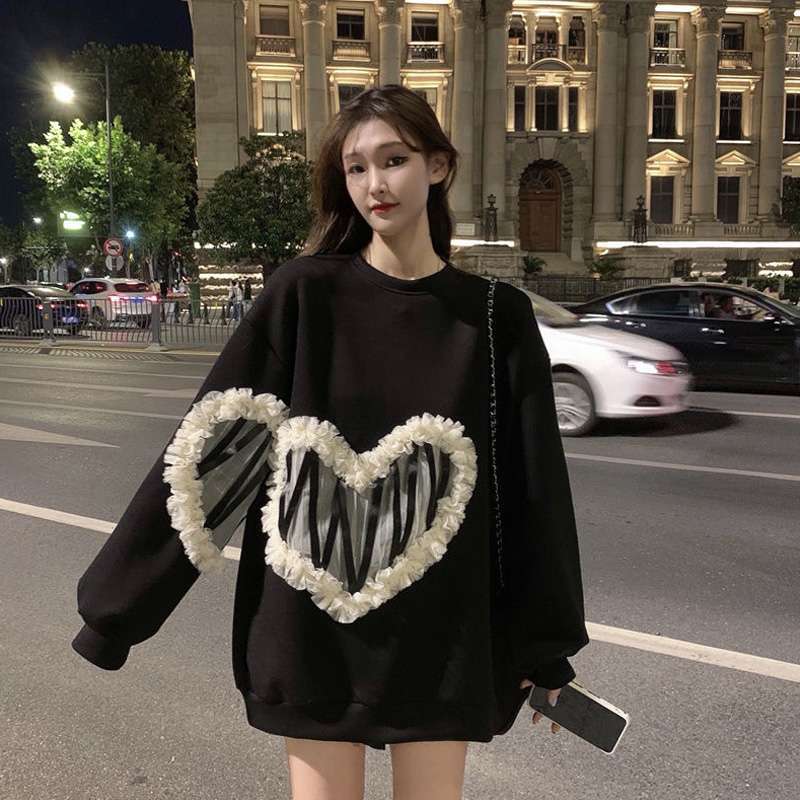 Women Korean Style Casual 3D Mesh Splicing Hoodie Heart Round Neck Long Sleeve Loose Pullover Sweatshirts Autumn Tops