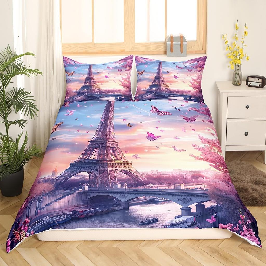 Eiffel Tower Duvet Cover for Teens Adults Queen Lightweight Down Quilt Covers Bedroom Decor 2 Pillowcases 1 Duvet Cover No Quilt
