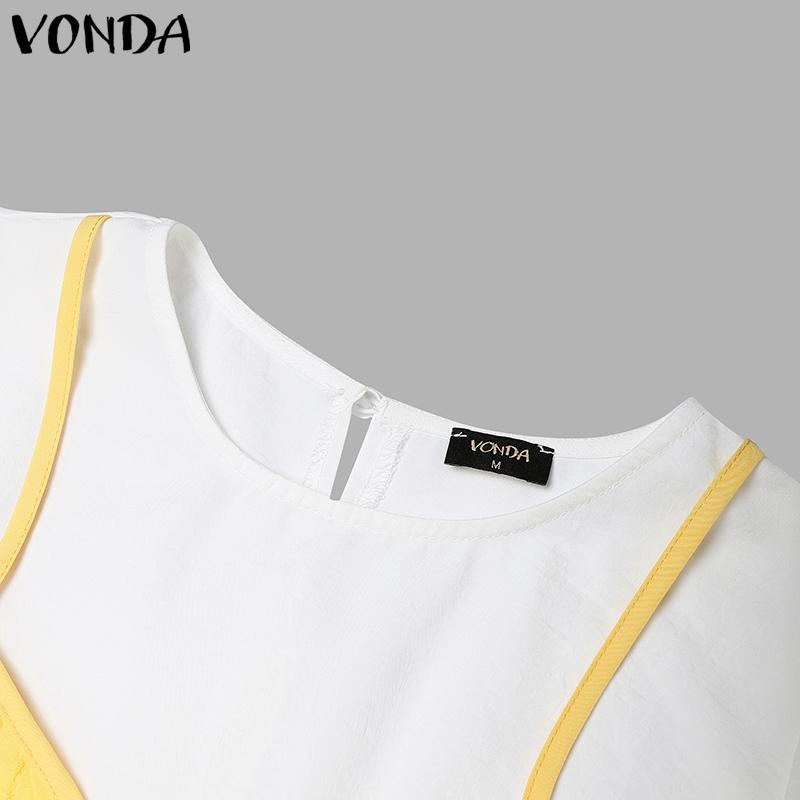 VONDA Women Short Sleeve Front Crochet Patchwork Fake Two Pieces Blouse