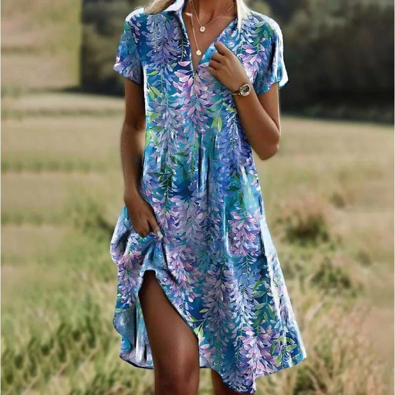 LYRIA New Summer Women s Sexy V-neck Short-sleeved Midi Dress Fashionable Bohemian Retro Printed Casual Loose Dresses for Women S