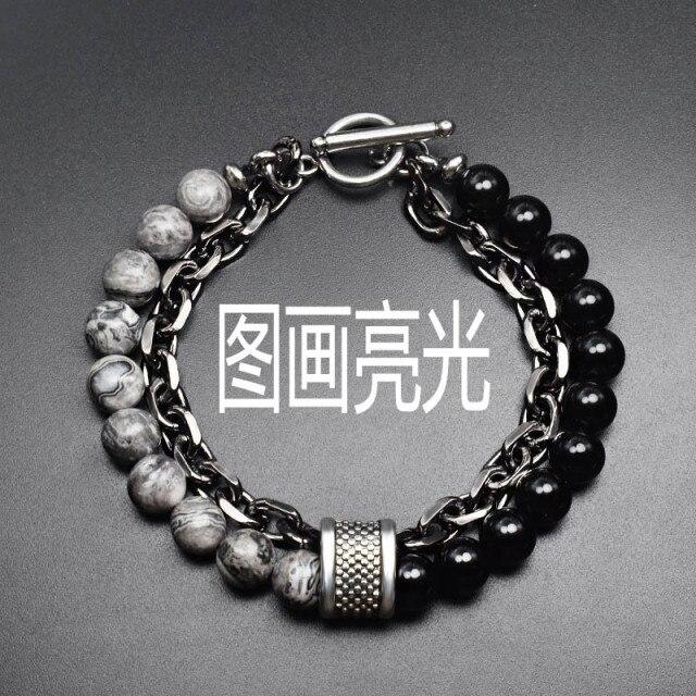 Latest Black White Stone Men 'S Bracelets Double Chain Link Stainless Steel Beaded Bracelets Bangle Male JewelryFashion Chain