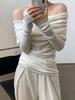 Women's French Off-Shoulder Slim Knit Top: Spring/Autumn Pleated Design