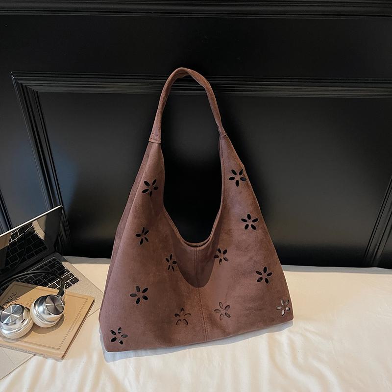 Floral Cutout Suede Hobo Bag with Open Top Design Large Capacity Fashion Shoulder Bag