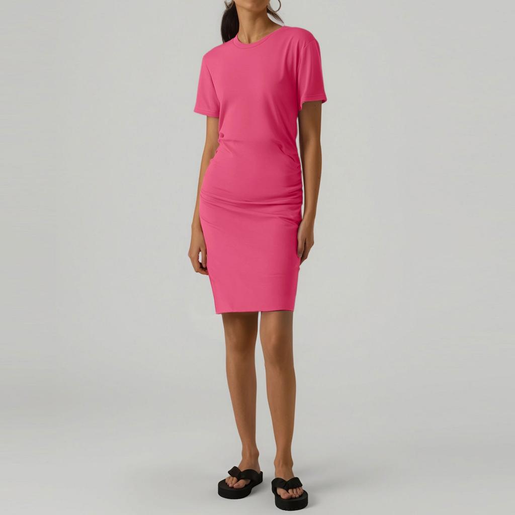Women's Casual Fashion Summer Short Sleeved Pleated Round Neck Tight Hip Dress