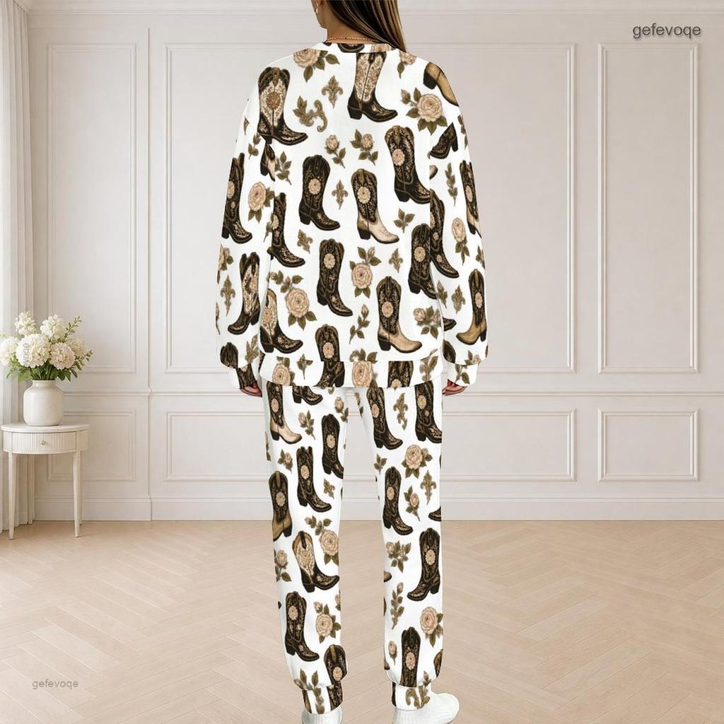 Women Plus Size Printed Round Neck Long Sleeve Top With Pockets And Long Pants Set