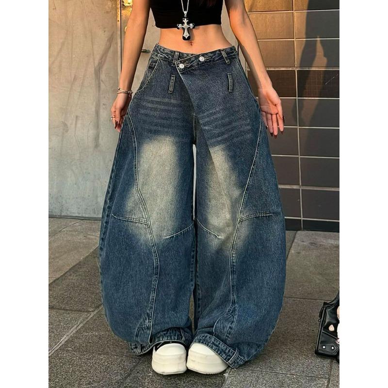 Hohe Taille Vintage Große Größen Amerikanische Weite Beine Jeans Damen Locker Fauler Stil Schräger Bund Hosen