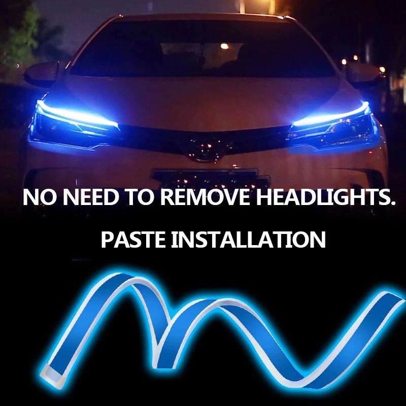 2Pcs 12v LED Car Daytime Running Light DRL Flexible Waterproof Strip Auto Headlights White Turn Signal Yellow Brake Flow Lights