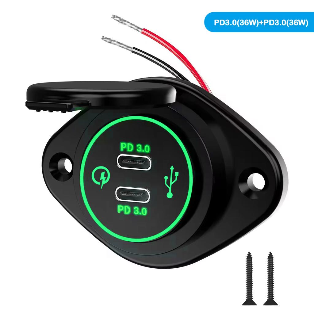 12V Quick Charge 3.0 Dual USB C Charger Power Socket Adapter Fast Charging Panel Wall Mount Outlet for Motorbike Car Boat Camper