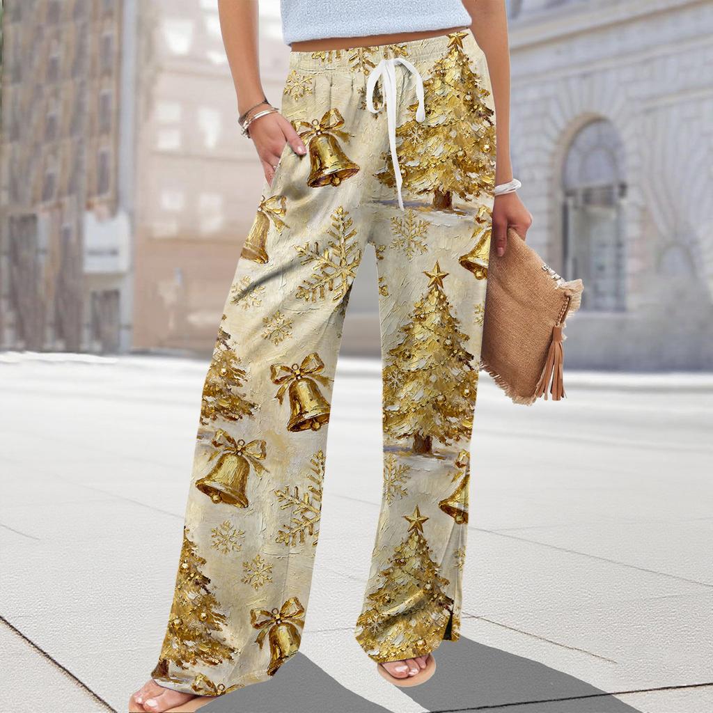 Ladies' Loose And Casual Christmas Printed Wide Leg Pants With Elastic Waistband Drawstring And Pocket Pants