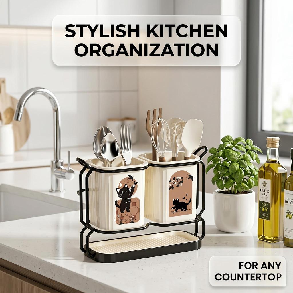 Two-tone carbon steel cutlery rack with cat print, dual installation ways and drip tray, stores knives and kitchen utensils.