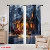 2pcs 2D flat printing Christmas Curtain Day Christmas Lodge and Sleigh Scene Durable 100% Polyester Fabric Without Electricity