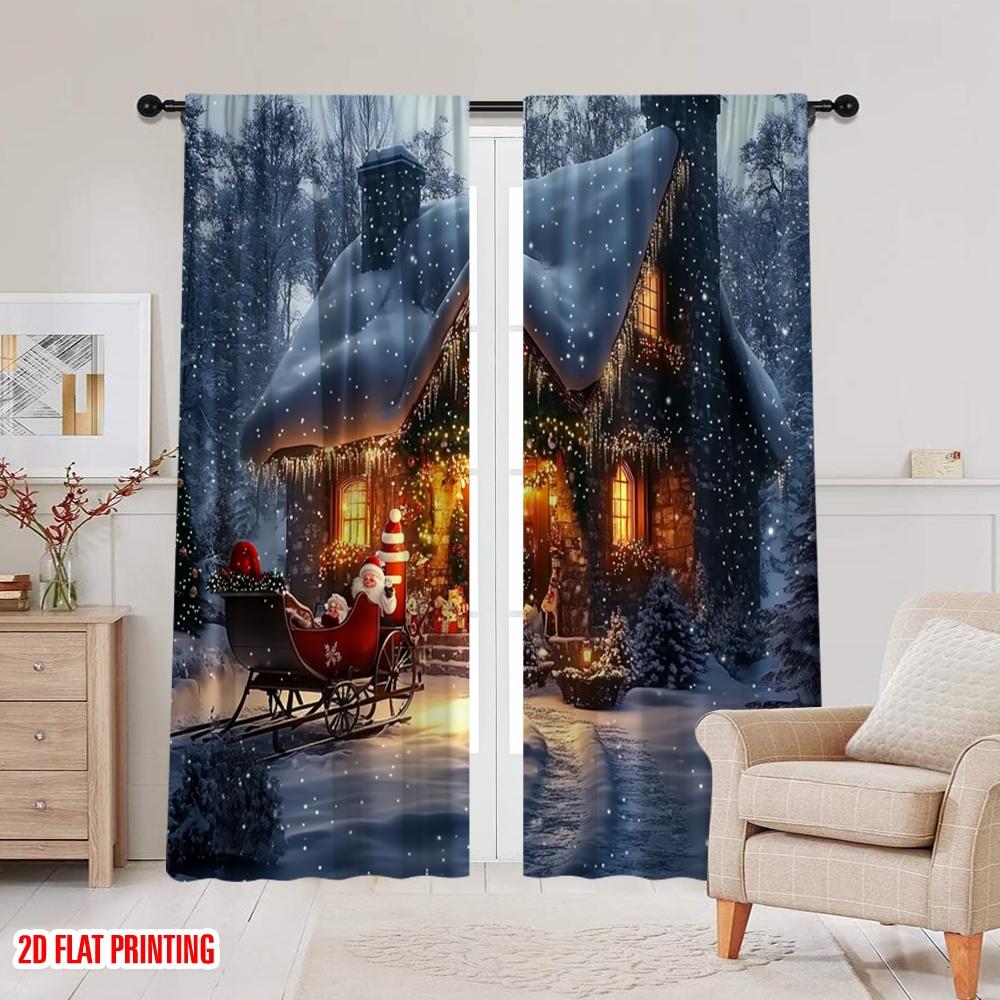 2pcs 2D flat printing Christmas Curtain Day Christmas Lodge and Sleigh Scene Durable 100% Polyester Fabric Without Electricity