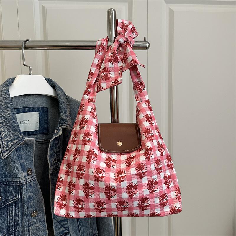 Summer aesthetic plaid flower print lightweight handbag casual large capacity versatile shoulder underarm messenger bag women