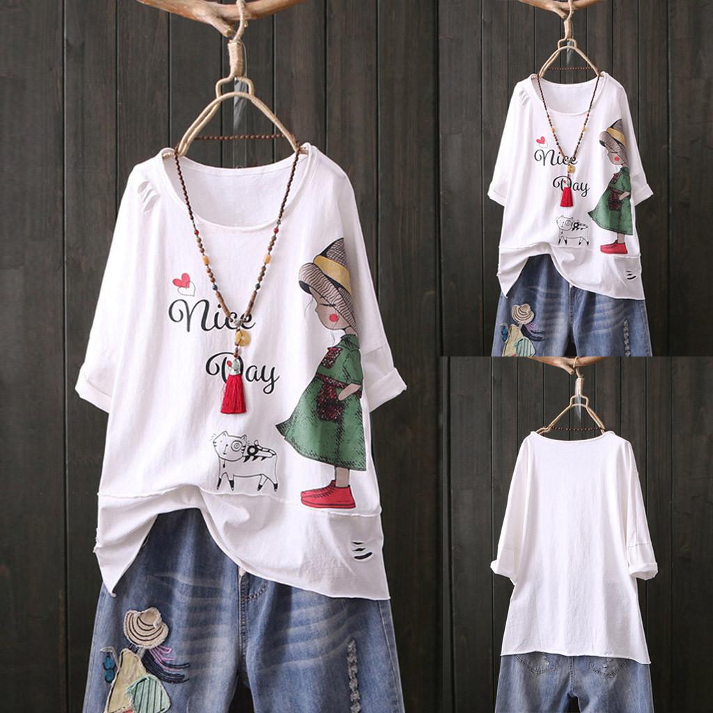 

Модная женская блузка с коротким рукавом из хлопка и льна с мультяшным принтом