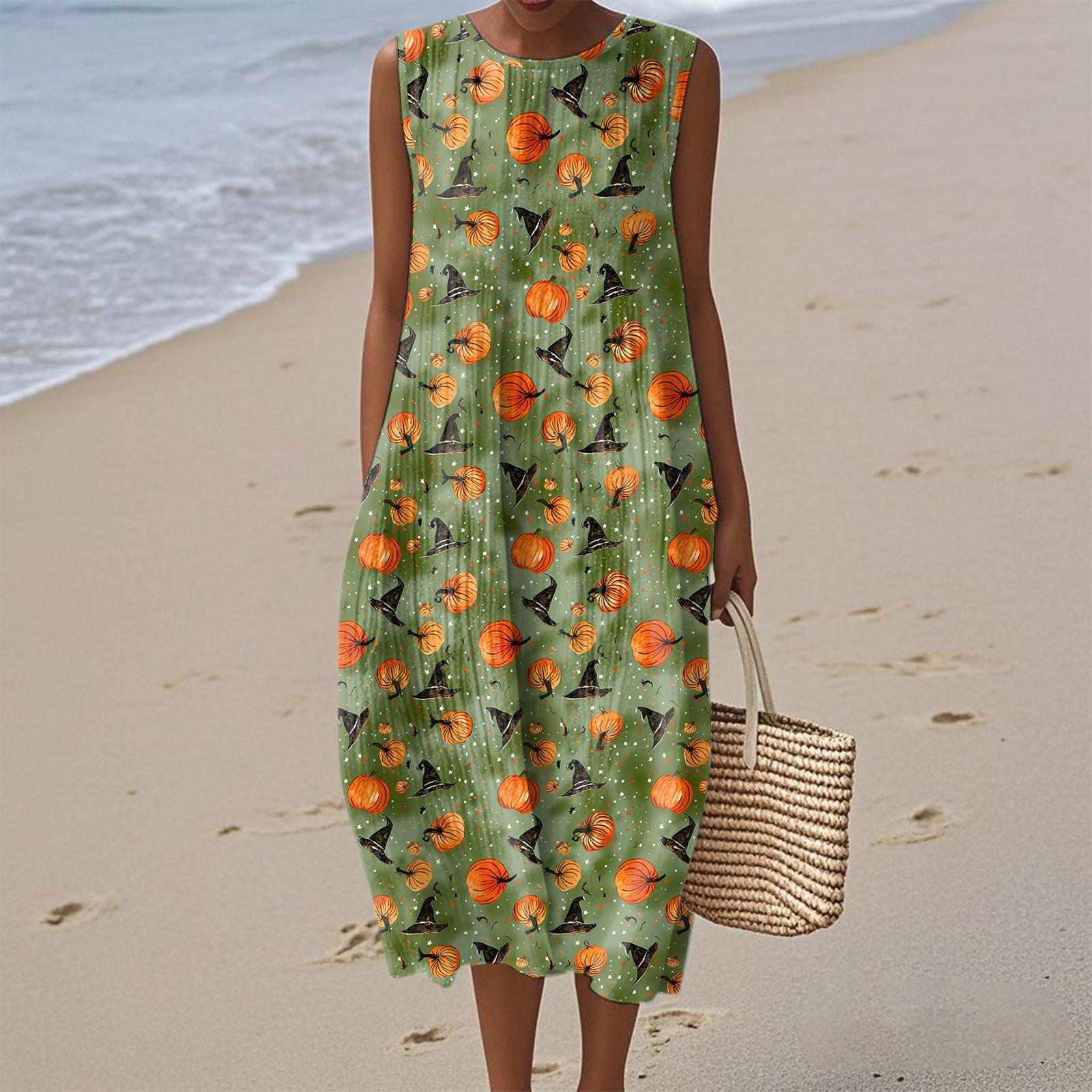 

Women s Fashion Casual Sleeveless Round Neck Zipper Halloween Print Elegant Temperament Dress XXL зелёный