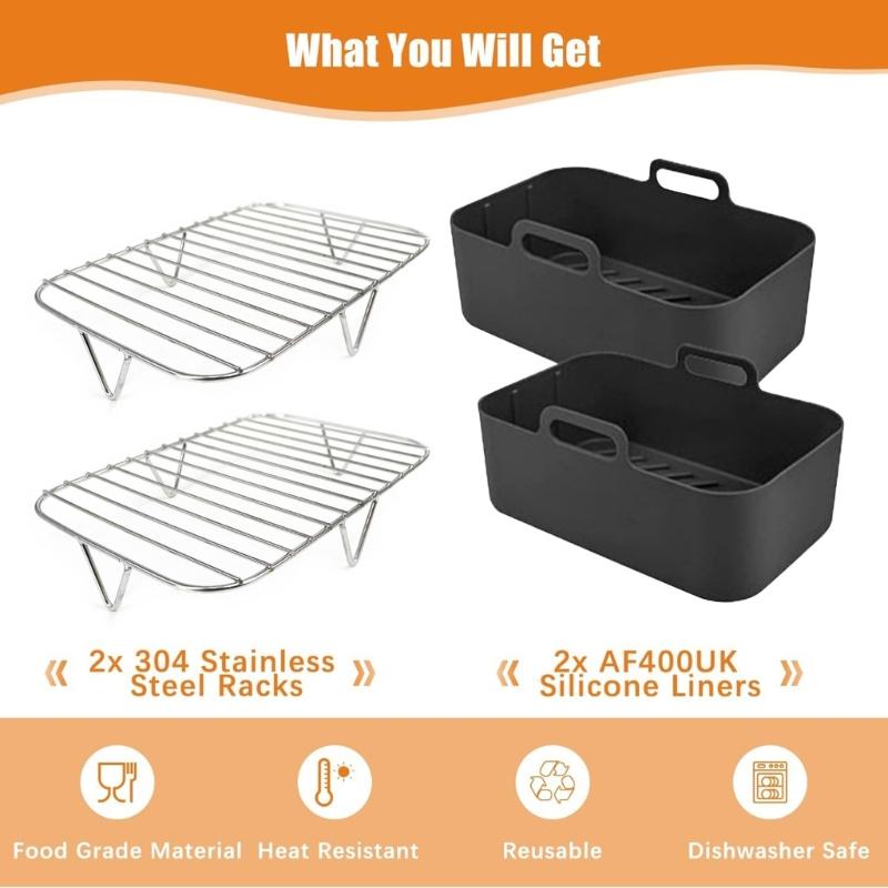 Air Fryer Accessories Set 2pcs Stainless Steel Rack and 2pcs Baking Tray Silicone Basket Air Fryer Liner for Kitchen