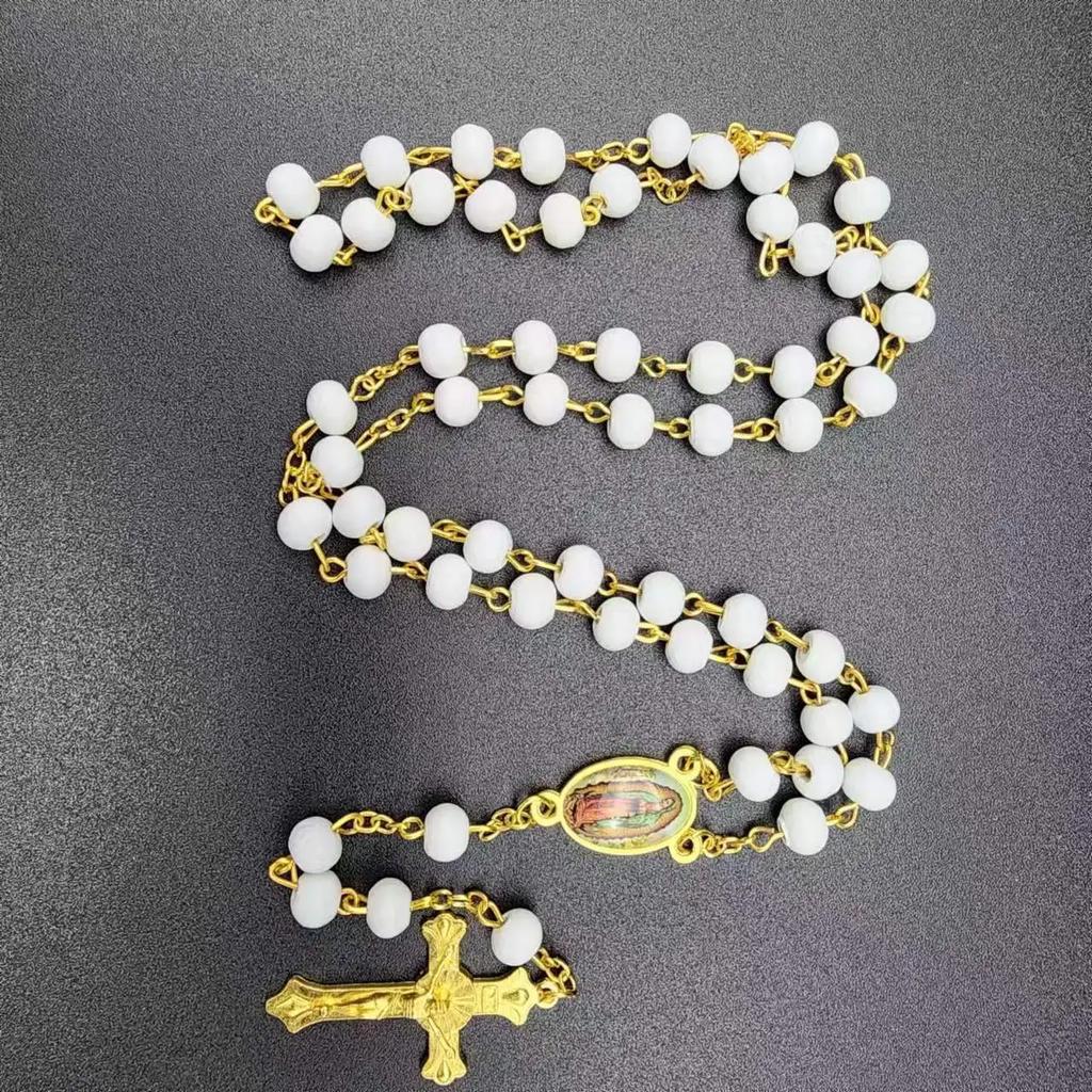 White Wooden Rosary Necklace For Women Crucifix Cross Pendant Long Chain Necklace Men Religious Catholic Prayer Jewelry