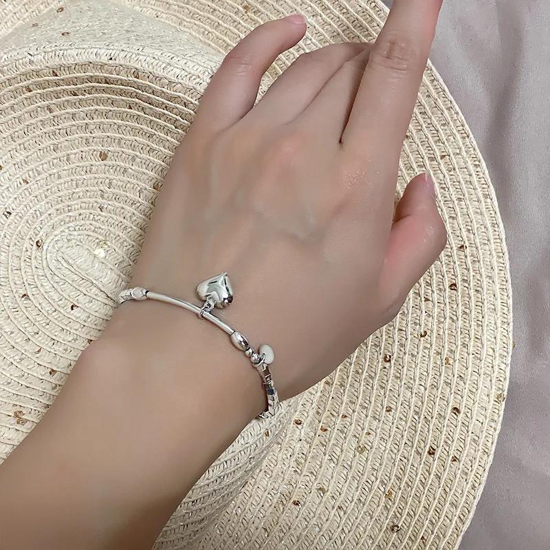 Real  Sterling Silver Beaded Tassel Square Heart Pendant Charm Bracelets for Women Fine  Minimalist Accessories