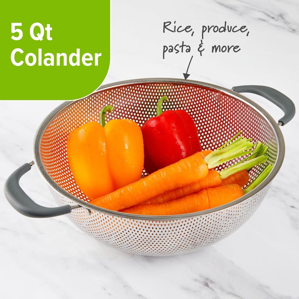 5 Qt Stainless Steel Colander with Soft Grip Handles Footed Base Stability Kitchen Drain Pasta Fruits Vegetables Dishwasher Safe