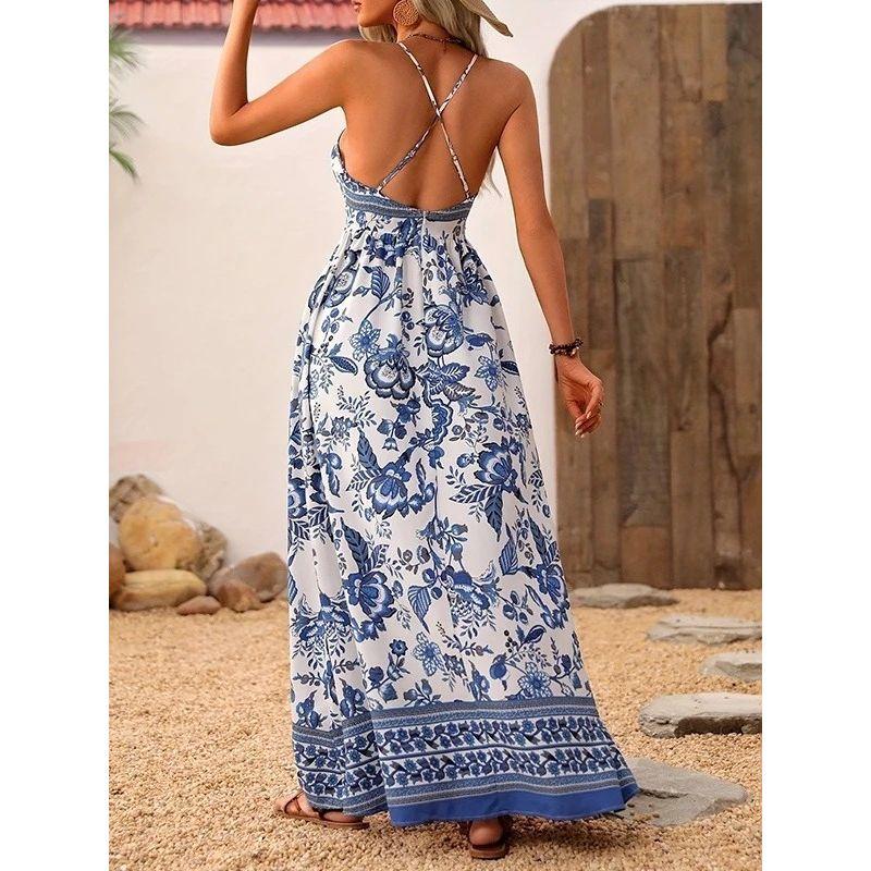 Western Style Summer New Sexy Deep V-neck Sexy Print Waist Hugging Backless Sling Dress Beach Long dress Women