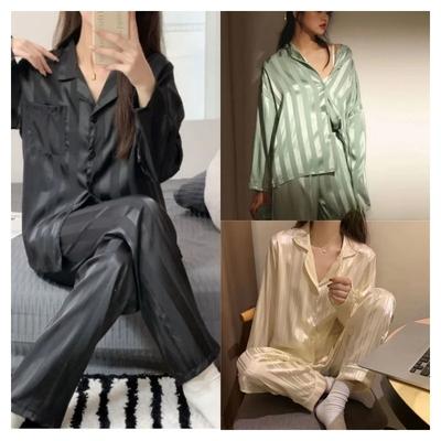 Women Spring Autumn Two Pieces Pajamas Long Sleeve Pants Sets Gilrs Loungewear with Lapel Solid Thin Striped Homewear Casual