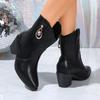 Luxury Crystal Metal Decoration Mid Calf Riding Boots Women 2025 Autumn Sexy Pointed Toe Medium Heel Boots Solid Black Booties