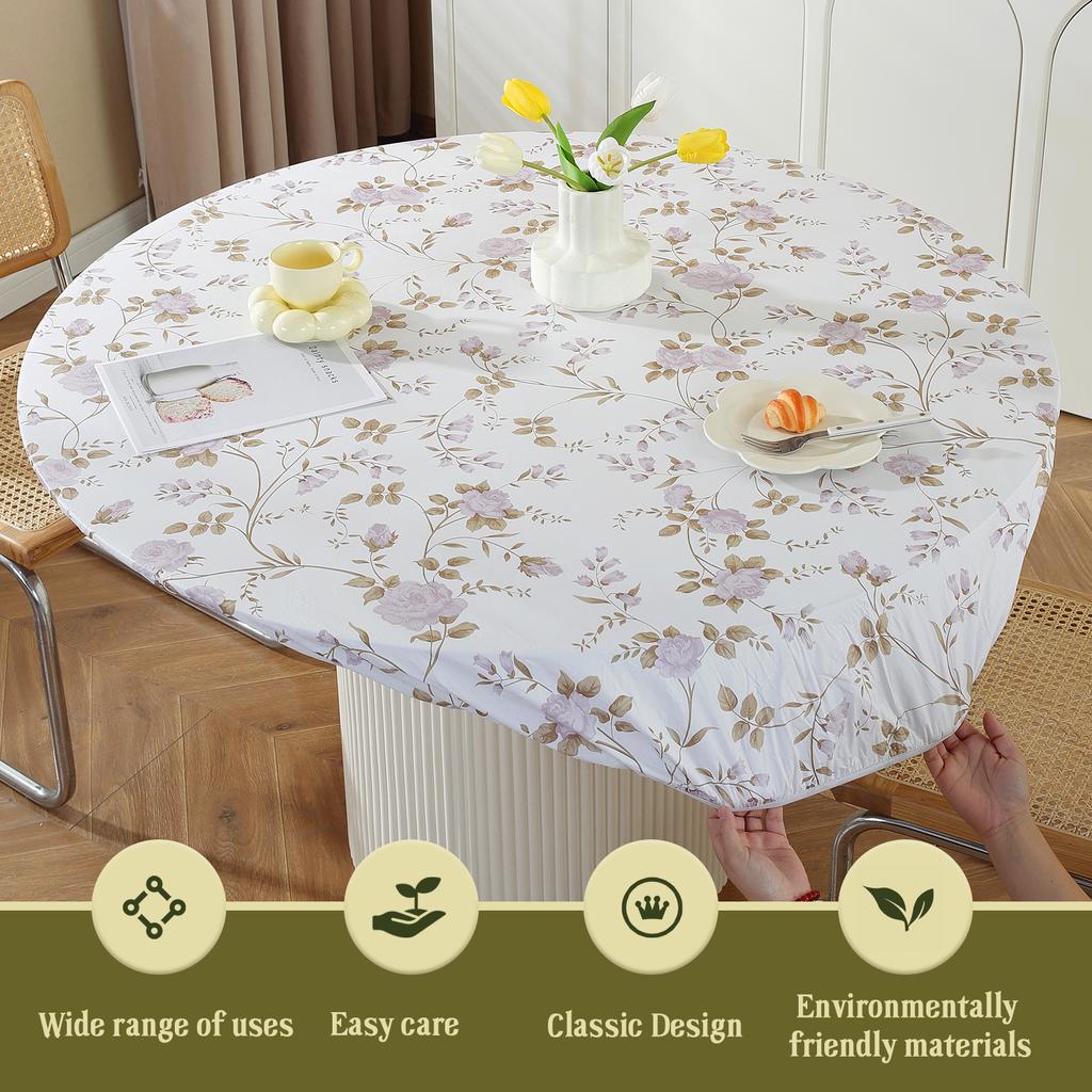 Elastic Round Table Cover Fitted Vinyl Waterproof Tablecloth Reusable Flower Dining Table Cloth For Home Table Protector Decor
