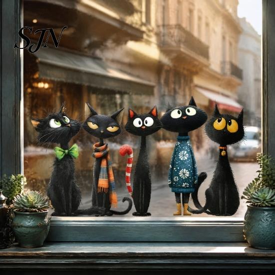 Easy Peel Glass Decals Halloween Cartoon Black Cat Static Sticker, PVC Window Decorative Removable Murals Decal, Waterproof Clings for Living Room