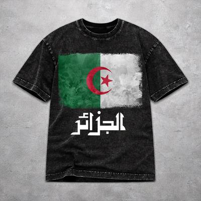 DZ Algeria Algerian Flag T Shirt Washed Style For Men Women 100% Cotton Tee Shirts Tops