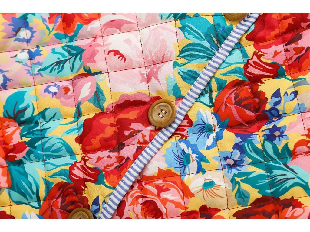 2023 Cotton Padded Women's Jacket: Autumn/Winter Round-Neck, Print Bell Sleeve, Color-Block Design.