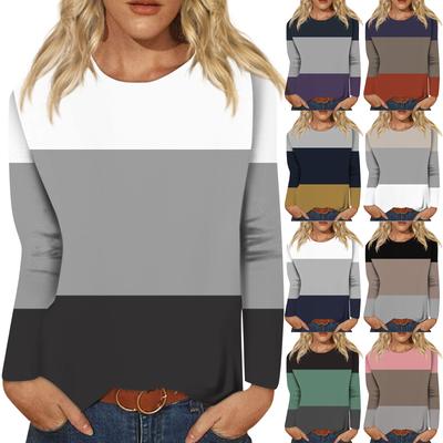 Damenmode Colorblock Casual Langarm Rundhals T-Shirt Top