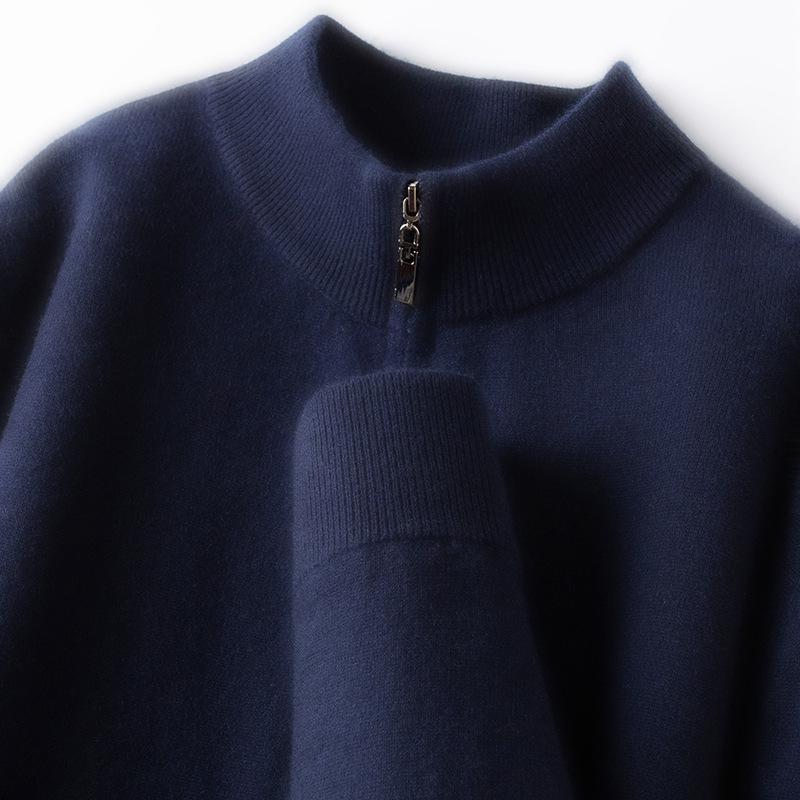 Winter 2025 Men's Warm Wool Sweater, Half-High Collar, Zipper, Solid Color, Thick Knit Base Layer