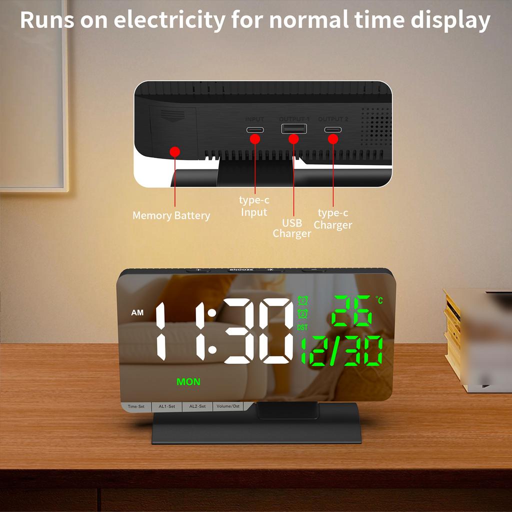 6.6 Large Display Digital Desk Clock, Dual Alarm Clock with Indoor TemperatureCelsiusDate, USBCelsiusType-C Charging Ports, 6- Dimmer, 5 Volume