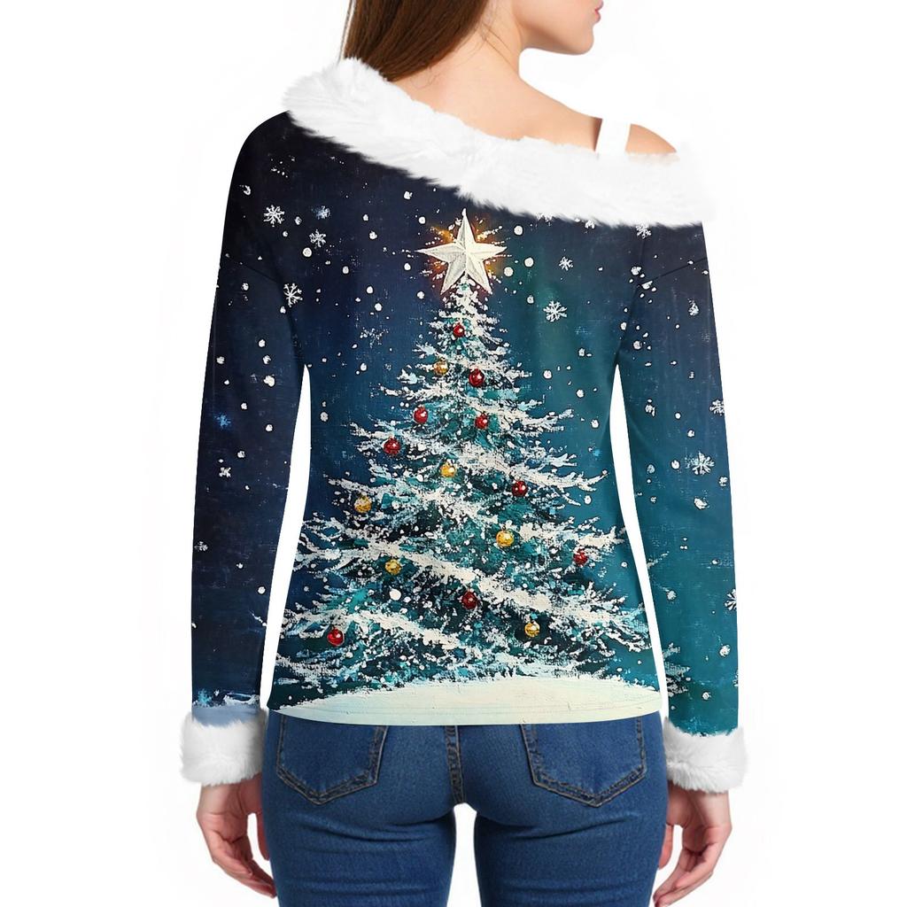 Women's Off-the-shoulder Plush Neck Printed Long-sleeved Pullover T-shirt Top